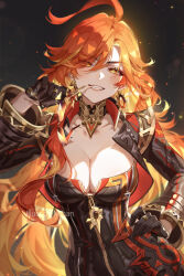 1girl ahoge black_gloves bodysuit breasts cleavage collarbone earrings genshin_impact gloves grin highres jewelry large_breasts long_hair looking_at_viewer mavuika_(genshin_impact) mihan_(mihan_art) multicolored_hair orange_eyes orange_hair red_hair smile solo two-tone_hair very_long_hair