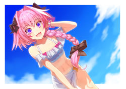 Rule 34 | 1boy, :d, androgynous, astolfo (fate), astolfo (sparkling frills) (fate), black bow, blue sky, blurry, blurry background, bow, bracelet, braid, cloud, collarbone, day, dutch angle, fang, fate/apocrypha, fate (series), flat chest, hair bow, hair over shoulder, hand in own hair, jewelry, koyama keisuke, leaning forward, long hair, looking at viewer, male focus, navel, official alternate costume, open mouth, pink hair, purple eyes, single braid, skin fang, sky, smile, solo, standing, trap