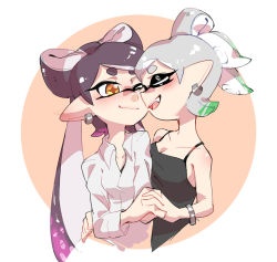 Rule 34 | + +, 2girls, arm around waist, black hair, black shirt, blush, bracelet, breasts, brown eyes, callie (splatoon), camisole, casual, chinese commentary, cleavage, closed eyes, closed mouth, commentary request, cousins, cropped torso, dress shirt, earrings, face-to-face, fang, gradient hair, green hair, grey hair, highres, holding hands, inkling, interlocked fingers, jewelry, long hair, looking at another, madaga (animaofmoon), marie (splatoon), medium breasts, mole, mole under eye, multicolored hair, multiple girls, nintendo, no headwear, one eye closed, open mouth, pointy ears, purple hair, shirt, short hair, smile, splatoon (series), splatoon 1, standing, tentacle hair, white shirt, yuri