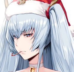 Rule 34 | 1girl, altair (re:creators), antlers, bell, blue eyes, blue hair, candy, candy cane, choker, christmas, commentary, food, hair between eyes, hat, hews, highres, horns, jingle bell, lips, long hair, looking at viewer, multicolored eyes, neck bell, parted lips, pink lips, portrait, re:creators, red eyes, reindeer antlers, santa hat, solo, two side up, white choker