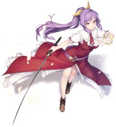 Rule 34 | 1girl, ankle boots, boots, bracelet, cross-laced footwear, dress, hair ribbon, highres, holding, holding sword, holding weapon, jewelry, katana, lace-up boots, long hair, looking at viewer, necktie, petals, ponytail, purple eyes, purple hair, ribbon, rokuwata tomoe, simple background, smile, solo, sword, touhou, watatsuki no yorihime, weapon, white background