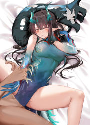 Rule 34 | 1boy, 1girl, arknights, bare shoulders, black hair, blue dress, blush, breasts, china dress, chinese clothes, clothed sex, covered penetration, dragon girl, dragon horns, dress, dusk (arknights), green hair, highres, holding another&#039;s wrist, horns, large breasts, looking at viewer, multicolored hair, parted lips, pelvic curtain, pointy ears, ru zhai, sex, solo focus, spread legs, streaked hair, thighs