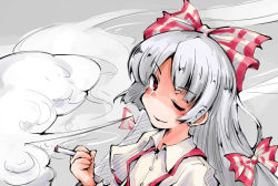 Rule 34 | 1girl, cigarette, fujiwara no mokou, long hair, red eyes, ribbon, shinapuu, smile, smoking, solo, touhou, white hair, wink