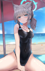 Rule 34 | 1boy, 1girl, animal ears, bare arms, bare shoulders, beach, black one-piece swimsuit, blue archive, blush, breasts, bright pupils, cat ears, collarbone, commentary request, covered navel, cross hair ornament, grey hair, habu rin, hair ornament, halo, highres, large breasts, looking at viewer, medium hair, mismatched pupils, ocean, one-piece swimsuit, outdoors, parasol, shiroko (blue archive), shiroko (swimsuit) (blue archive), solo focus, starfish, swimsuit, thighs, umbrella, water, white pupils