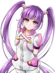 Rule 34 | 1girl, hair ornament, long hair, looking at viewer, official alternate costume, purple eyes, purple hair, shorts, simple background, solo, sophie (tales), sophie (toast of the town) (tales), tales of (series), tales of graces, ten (tenchan man), twintails, white background