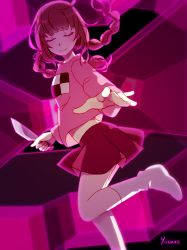 Rule 34 | 1girl, braid, brown hair, closed eyes, highres, knife, long hair, madotsuki, outstretched hand, paper, pink shirt, purple background, purple skirt, shirt, skirt, socks, solo, thighhighs, twin braids, twintails, white socks, white thighhighs, yume nikki, yunare