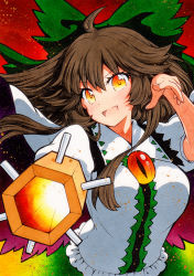 Rule 34 | 1girl, bad id, bad pixiv id, bow, breasts, brown hair, cannon, cloak, collar, green bow, green skirt, hair between eyes, hands up, long hair, looking at viewer, medium breasts, multicolored clothes, multicolored eyes, multicolored skirt, open mouth, orange eyes, qqqrinkappp, red background, reiuji utsuho, shirt, short sleeves, skirt, smile, solo, touhou, traditional media, white cloak, white collar, white shirt, white sleeves, wings, yellow eyes, yellow skirt