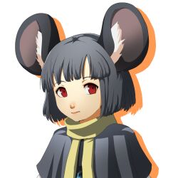 Rule 34 | 1girl, absurdres, animal ear fluff, animal ears, blunt bangs, capelet, colored shadow, commentary, drop shadow, english commentary, expressionless, grey capelet, highres, looking at viewer, medium bangs, mouse ears, mouse girl, nazrin, parody, persona, persona 4, red eyes, shadow, short hair, simple background, solo, step arts, style parody, touhou, upper body, white background