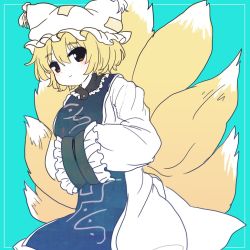 Rule 34 | 1girl, animal hat, aqua background, blonde hair, brown eyes, closed mouth, dress, fox girl, fox tail, hands in opposite sleeves, hat, kitsune, kyuubi, long sleeves, mob cap, multiple tails, rei (tonbo0430), short hair, simple background, smile, solo, tabard, tail, touhou, white dress, white hat, yakumo ran