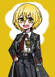 Rule 34 | 1girl, :d, absurdres, black coat, black pants, blonde hair, brown necktie, coat, collared shirt, don quixote (project moon), hair between eyes, hand in pocket, highres, koshou shou mitsu, legs apart, limbus company, long sleeves, necktie, open clothes, open coat, open mouth, pants, project moon, round teeth, shirt, smile, solo, standing, teeth, upper teeth only, white shirt, yellow eyes
