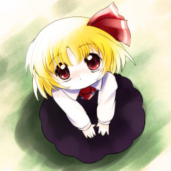 Rule 34 | 1girl, blonde hair, chibi, dress, embodiment of scarlet devil, female focus, from above, hair ribbon, highres, looking up, necktie, red eyes, ribbon, rumia, solo, touhou, yume shokunin