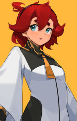 Rule 34 | 1girl, absurdres, ahoge, alternate hair length, alternate hairstyle, aqua eyes, black hairband, breasts, commentary, english commentary, gundam, gundam suisei no majo, hairband, highres, long sleeves, looking at another, red hair, short hair, small breasts, solo, suletta mercury, t-lex, uniform, upper body, yellow background
