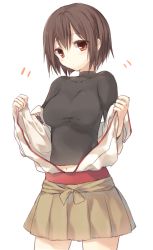 Rule 34 | 10s, 1girl, brown eyes, brown hair, hyuuga (kancolle), japanese clothes, kantai collection, komeshiro kasu, looking at viewer, partially undressed, pleated skirt, short hair, simple background, skirt, solo, undressing, white background