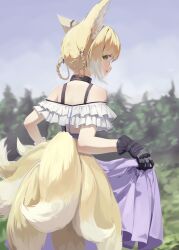 Rule 34 | 1girl, absurdres, animal ear fluff, animal ears, arknights, bare shoulders, black choker, black gloves, blonde hair, blurry, blurry background, braid, bufeiyue, choker, clothes lift, commentary request, cowboy shot, day, depth of field, dress, fox ears, fox girl, fox tail, frills, from behind, gloves, green eyes, highres, long hair, looking at viewer, looking back, multiple tails, outdoors, short hair, sidelocks, skirt, skirt lift, sky, smile, solo, standing, suzuran (arknights), tail, tree