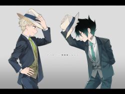 Rule 34 | 2boys, arm behind back, bad id, bad twitter id, black hair, black suit, blouse, bow, collared shirt, cowboy shot, eye contact, formal, from side, grey background, hand on own hip, hand on own thigh, hat, unworn hat, hat tip, unworn headwear, highres, hoyano (maimai), letterboxed, long sleeves, looking at another, male focus, multiple boys, neck tattoo, necktie, norman (yakusoku no neverland), number tattoo, pants, ray (yakusoku no neverland), shirt, simple background, smile, spiked hair, suit, tattoo, waistcoat, white hair, white shirt, yakusoku no neverland