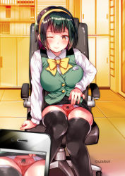 Rule 34 | 1girl, ;), black thighhighs, blush, bow, bowtie, breasts, cellphone, chair, closed mouth, commentary request, green hair, hairband, idolmaster, idolmaster (classic), indoors, koari, large breasts, long sleeves, looking at viewer, one eye closed, otonashi kotori, panties, pantyshot, pencil skirt, phone, red panties, shirt, short hair, sitting, skirt, smile, solo focus, thighhighs, twitter username, underwear, white shirt, yellow eyes, yellow hairband, yellow neckwear