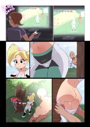 Rule 34 | !, 1boy, 2girls, absurdres, ass, blonde hair, blush stickers, chromodomo, closed mouth, clothes pull, collarbone, comic, commission, crop top, dimples of venus, from behind, gloves, gluteal fold, grass, highres, midriff, monitor, motion lines, multiple girls, multiple views, musical note, navel, original, outdoors, panels, pants, pants pull, pulling another&#039;s clothes, sex, sex from behind, shirt, short hair, short sleeves, smile, standing, standing sex, tree, twintails, white gloves, white pants, white shirt