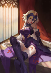 Rule 34 | 1girl, arm support, armor, blonde hair, breasts, brown hair, chain, cleavage, clothing cutout, crossed legs, elbow gloves, fate/grand order, fate (series), fur-trimmed gloves, fur trim, gloves, highres, jeanne d&#039;arc (fate), jeanne d&#039;arc alter (avenger) (fate), jeanne d&#039;arc alter (avenger) (third ascension) (fate), jeanne d&#039;arc alter (fate), long hair, mao mao wansui, medium breasts, mouth hold, navel, navel cutout, petals, rose petals, shadow, smile, solo, thighhighs, thighs, yellow eyes
