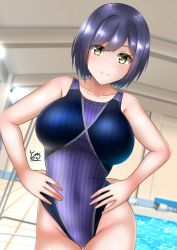 Rule 34 | 1girl, blue hair, blue one-piece swimsuit, breasts, collarbone, commentary request, competition swimsuit, cowboy shot, dutch angle, hands on own hips, highres, indoors, large breasts, leaning to the side, looking at viewer, mole, mole under eye, nijisanji, one-piece swimsuit, pool, shizuka rin, short hair, smile, solo, swimsuit, virtual youtuber, yellow eyes, yurizuku owl