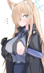 Rule 34 | 1girl, absurdres, animal ear fluff, animal ears, black jacket, black necktie, blonde hair, blue archive, blue eyes, blue halo, blue shirt, blush, breasts, hair over one eye, halo, highres, jacket, kanna (blue archive), large breasts, long hair, looking at viewer, necktie, nipples, nui (nuinui0300), one breast out, shirt, simple background, solo, white background