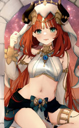 Rule 34 | 1girl, absurdres, arch, bare shoulders, blue gemstone, blush, bow, brooch, clothing cutout, crop top, forehead jewel, gem, genshin impact, gold trim, green eyes, highres, horns, jewelry, long hair, long sleeves, low twintails, navel, neck ring, nilou (genshin impact), parted bangs, parted lips, pof (peuplierpof), red hair, sidelocks, smile, solo, stomach, twintails, vambraces, veil, vision (genshin impact)