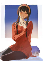 Rule 34 | 1girl, black hair, black pantyhose, blood, blood on clothes, blood on face, blue background, blush, closed mouth, dress, gradient background, hairband, highres, holding, holding knife, knife, long sleeves, looking at viewer, pantyhose, red dress, red eyes, short hair with long locks, sitting, skull, smile, solo, spy x family, white background, xing dao, yellow hairband, yokozuwari, yor briar