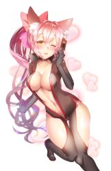 Rule 34 | 1girl, animal ears, bodysuit, breasts, card, choker, cleavage, clothing cutout, fate/grand order, fate (series), fox ears, fox tail, glasses, gluteal fold, hair between eyes, hair ribbon, heart, holding, koyanskaya (assassin) (first ascension) (fate), koyanskaya (fate), large breasts, latex, long hair, looking at viewer, maze yuri, no bra, one eye closed, parted lips, pink hair, purple ribbon, ribbon, simple background, solo, standing, straddling, tail, tamamo (fate), thigh cutout, thigh gap, thighs, yellow eyes, zipper