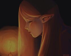 Rule 34 | 1girl, absurdres, artist name, blush, brown hair, candle, closed eyes, dark background, elf, highres, long hair, nyiccco, original, pointy ears, portrait, profile, solo
