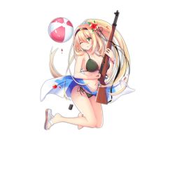 Rule 34 | 1girl, ball, bare shoulders, beachball, bikini, black bikini, blonde hair, blush, breasts, cleavage, clip (weapon), damaged, flower, full body, girls&#039; frontline, green eyes, gun, gun sling, hair between eyes, hair flower, hair ornament, hairband, hairclip, haluka (aixioo), holding, holding gun, holding weapon, large breasts, long hair, looking at viewer, m1 garand, m1 garand (beach princess) (girls&#039; frontline), m1 garand (girls&#039; frontline), official alternate costume, official art, one eye closed, parted lips, ponytail, rifle, sandals, sarong, solo, swimsuit, transparent background, weapon