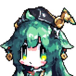 Rule 34 | &gt; &lt;, 1girl, 1other, animated, animated gif, chibi, closed eyes, closed mouth, downvote (downvote me), explosion, green eyes, green hair, honkai: star rail, honkai (series), huohuo (honkai: star rail), open mouth, pixel art, simple background, solo focus, white background