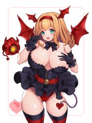 Rule 34 | 1girl, aqua eyes, bare shoulders, belt, black belt, black dress, black gloves, blonde hair, breasts, cailleach bheur, cameltoe, commentary, demon tail, demon wings, dress, fangs, frilled dress, frills, gloves, gluteal fold, hairband, hand on own chest, head wings, highres, huge breasts, last origin, long hair, looking at viewer, md5 mismatch, microdress, open mouth, panties, red belt, red hairband, red panties, red wings, revealing clothes, revision, solo, standing, strapless, strapless dress, striped clothes, striped thighhighs, tail, teeth, thighhighs, toriseru (rare stone), underwear, upper teeth only, wings