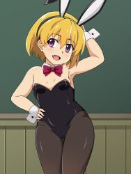 Rule 34 | 1girl, animal ears, black hairband, black leotard, black pantyhose, blonde hair, bow, bowtie, breasts, cameltoe, chalkboard, commentary request, detached collar, fang, hairband, hand on own hip, highres, higurashi no naku koro ni, houjou satoko, leotard, model pose, pantyhose, plar0846, playboy bunny, purple eyes, rabbit ears, red bow, red bowtie, short hair, skin fang, small breasts, smile, solo, strapless, strapless leotard, thick thighs, thighs, wrist cuffs