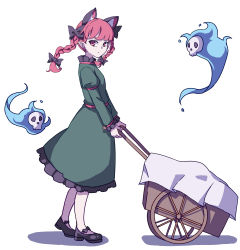 Rule 34 | 1girl, absurdres, animal ears, black bow, black footwear, blunt bangs, bow, braid, cat ears, closed mouth, dress, extra ears, eyebrows hidden by hair, footwear bow, frilled dress, frills, from side, full body, green dress, hair bow, highres, hitodama, holding, juliet sleeves, kaenbyou rin, kame (kamepan44231), long hair, long sleeves, looking at viewer, one-hour drawing challenge, pointy ears, puffy sleeves, red eyes, red hair, shoes, side braids, simple background, skull, solo, standing, touhou, twin braids, wheelbarrow, white background