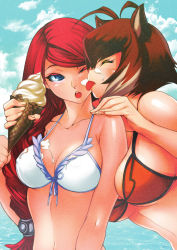 Rule 34 | 2girls, :o, absurdres, ahoge, animal ears, artist request, bare shoulders, between breasts, bikini, bikini top only, blazblue, blue eyes, breasts, brown hair, cleavage, cloud, day, dripping, closed eyes, food, front-tie top, highres, ice cream, large breasts, licking, long hair, makoto nanaya, multicolored hair, multiple girls, non-web source, official art, one eye closed, open mouth, red hair, short hair, sky, squirrel ears, suggestive fluid, swimsuit, tongue, tsubaki yayoi, two-tone hair, upper body, very long hair