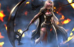 Rule 34 | 1girl, bird, black dress, blunt bangs, breasts, cape, cleavage, crow, dress, fire, flying, holding, holding scythe, holding weapon, hololive, hololive english, infi, large breasts, lips, long hair, looking down, mori calliope, parted lips, pink eyes, pink hair, scythe, solo, spikes, thighhighs, tiara, veil, very long hair, virtual youtuber, walking, weapon