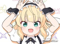 1girl :d animal_ears arms_up black_hairband blonde_hair commentary double_v drop_shadow english_text fake_animal_ears fleur_de_lapin_uniform floppy_ears frilled_hairband frills gochuumon_wa_usagi_desu_ka? green_eyes hairband kirima_syaro looking_at_viewer mitya open_mouth puffy_short_sleeves puffy_sleeves rabbit_ears shirt short_sleeves simple_background smile solo twitter_username upper_body v waitress watermark white_background white_shirt wrist_cuffs