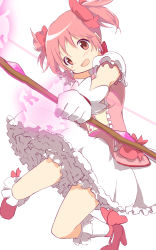 Rule 34 | 10s, 1girl, blush, bow, bow (weapon), gloves, hair bow, highres, kaname madoka, magical girl, mahou shoujo madoka magica, mahou shoujo madoka magica (anime), pachi (sugiyama0306), petticoat, pink eyes, pink hair, short hair, simple background, solo, twintails, weapon, white background, white gloves