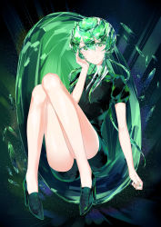 Rule 34 | 1other, androgynous, black necktie, black shorts, commentary, crystal hair, gem, gem uniform (houseki no kuni), gender request, green eyes, green hair, hair rings, highres, jade (houseki no kuni), long hair, looking at viewer, marie mushroom, necktie, shirt, short hair, short sleeves, shorts, smile, solo, sparkle, symbol-only commentary, white shirt