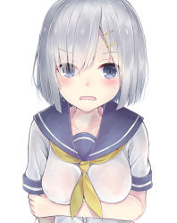 Rule 34 | 10s, 1girl, blue eyes, blush, breast hold, breast rest, breasts, eyes visible through hair, hair ornament, hair over one eye, hairclip, hamakaze (kancolle), kantai collection, large breasts, looking at viewer, neckerchief, neku (neku draw), no gloves, open mouth, school uniform, see-through, serafuku, short hair, short sleeves, silver hair, solo, sweatdrop, upper body, white background, yellow neckerchief