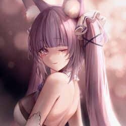 Rule 34 | 1girl, ;), animal ear fluff, animal ears, backless outfit, bare back, bare shoulders, blunt bangs, braid, breasts, closed mouth, collar, dog ears, dog girl, eyelashes, from side, guild cq, hair ornament, hair over shoulder, highres, large breasts, lipstick, long hair, looking at viewer, makeup, millet (milletneko), one eye closed, purple eyes, purple hair, quon tama, smile, solo, standing, turning head, twintails, upper body, virtual youtuber, white collar, x hair ornament