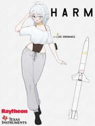 Rule 34 | 1girl, agm-88 harm, ahoge, air-to-surface missile, anti-radiation missile, atamonica, bandaid, bandaid on face, blue eyes, character name, choker, commentary, company name, english commentary, highres, looking at viewer, missile, off shoulder, one eye closed, original, pants, personification, precision-guided munition, raytheon, short hair, smile, solo, sweatpants, texas instruments, weapon