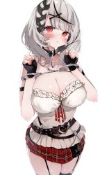 Rule 34 | 1girl, absurdres, black collar, black gloves, black hair, braid, breasts, cleavage, collar, commentary request, cuffs, fingerless gloves, fingernails, garter straps, gloves, hair ornament, handcuffs, heart collar, highres, hololive, large breasts, looking at viewer, multicolored hair, nail polish, niku (hamuchang), plaid, plaid skirt, red eyes, red nails, red skirt, sakamata chloe, short hair, silver hair, simple background, skirt, solo, streaked hair, thighs, virtual youtuber, white background, x hair ornament