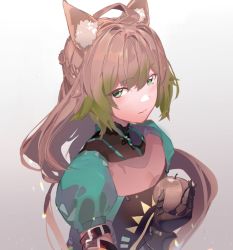 Rule 34 | 1girl, ahoge, animal ears, apple, atalanta (fate), belt, belt buckle, black belt, black gloves, blonde hair, braid, buckle, cat ears, closed mouth, clothing cutout, dress, fate/apocrypha, fate/grand order, fate (series), food, french braid, fruit, gloves, gradient hair, green dress, green eyes, green hair, hair between eyes, highres, holding, holding food, holding fruit, long hair, multicolored hair, puffy short sleeves, puffy sleeves, same (sendai623), short sleeves, sidelocks, solo, two-tone hair, upper body