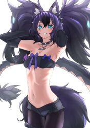 Rule 34 | 1girl, animal ear fluff, animal ears, arms behind head, black gloves, black hair, black pantyhose, black shorts, blue eyes, breasts, cerberus (kemono friends), collar, dog ears, dog girl, elbow gloves, gloves, hair between eyes, highres, kemono friends, leg belt, pantyhose under shorts, long hair, looking at viewer, medium breasts, navel, pantyhose, parted lips, purple hair, scar, scar across eye, scar on face, short hair, short shorts, shorts, simple background, solo, spiked collar, spikes, stomach, tail, tanabe (fueisei), thigh gap, twintails, white background
