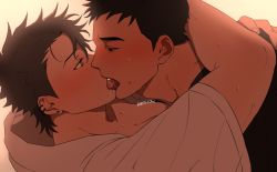 Rule 34 | 2boys, arms around neck, balnom, blush, close-up, ear piercing, earrings, eye contact, french kiss, half-closed eyes, jewelry, kiss, looking at another, male focus, multiple boys, original, piercing, saliva, short hair, sideburns, sweat, thick eyebrows, tongue, tongue out, yaoi