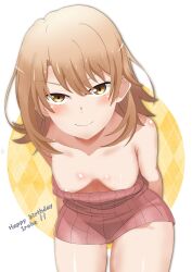Rule 34 | 1girl, absurdres, arms behind back, bare shoulders, blonde hair, blush, breasts, breasts apart, closed mouth, collarbone, cowboy shot, downblouse, dress, half-closed eyes, happy birthday, highres, isshiki iroha, jksfs, leaning forward, light smile, looking at viewer, medium hair, pink dress, short dress, sleeveless, sleeveless dress, small breasts, solo, strapless, strapless dress, yahari ore no seishun lovecome wa machigatteiru., yellow eyes
