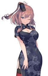 Rule 34 | 10s, 1girl, alternate costume, black dress, blue eyes, breasts, brown hair, china dress, chinese clothes, contrapposto, cowboy shot, dated, dress, floral print, garter straps, hair between eyes, kantai collection, large breasts, light smile, lips, long hair, looking at viewer, one eye closed, ponytail, red thighhighs, rokuwata tomoe, saratoga (kancolle), side ponytail, signature, solo, standing, thighhighs