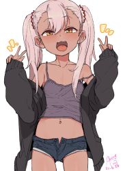 Rule 34 | 1girl, :d, belly, black jacket, blush, breasts, camisole, child, chloe von einzbern, collarbone, dark-skinned female, dark skin, double v, fang, fate/kaleid liner prisma illya, fate (series), female focus, hair between eyes, jacket, long hair, looking at viewer, midriff, navel, no bra, off-shoulder jacket, off shoulder, open mouth, rkrk, short shorts, shorts, simple background, small breasts, smile, solo, strap slip, tank top, twintails, v, white background, white hair, yellow eyes