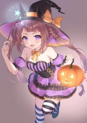 Rule 34 | 1girl, absurdres, animal ears, arm garter, bare shoulders, black hat, blush, bow, bowtie, breasts, brown background, brown hair, cleavage, corset, dress, ears through headwear, hair rings, hat, highres, holding, holding wand, horse ears, jack-o&#039;-lantern, leg up, long hair, looking at viewer, purple dress, purple eyes, sketchman chan, small breasts, solo, standing, standing on one leg, strapless, strapless dress, striped clothes, striped thighhighs, sweep tosho (umamusume), thighhighs, twintails, umamusume, wand, witch hat