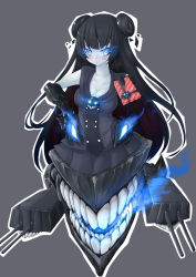 Rule 34 | 10s, 1girl, abyssal ship, aqua eyes, artist request, blue eyes, blush, box, breasts, claws, cleavage, double bun, eyebrows, female focus, gift, gift box, glowing, glowing eyes, gothic lolita, hair bun, hand on own hip, highres, kantai collection, kuronekozero, large breasts, light cruiser oni, lolita fashion, long hair, looking at viewer, pale skin, skirt, solo, teeth, very long hair